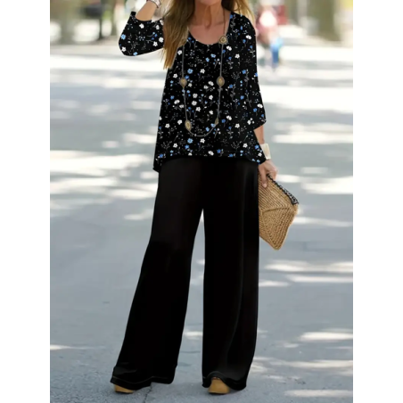 Women Floral Printing Two-Piece Set Daily Long Sleeve Casual Spring/Fall Top With Pants Matching Set
