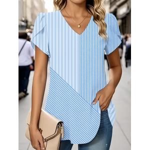 Women Striped Short Sleeve Tee T-shirt V Neck Printing Casual Summer Graphic Tee Top