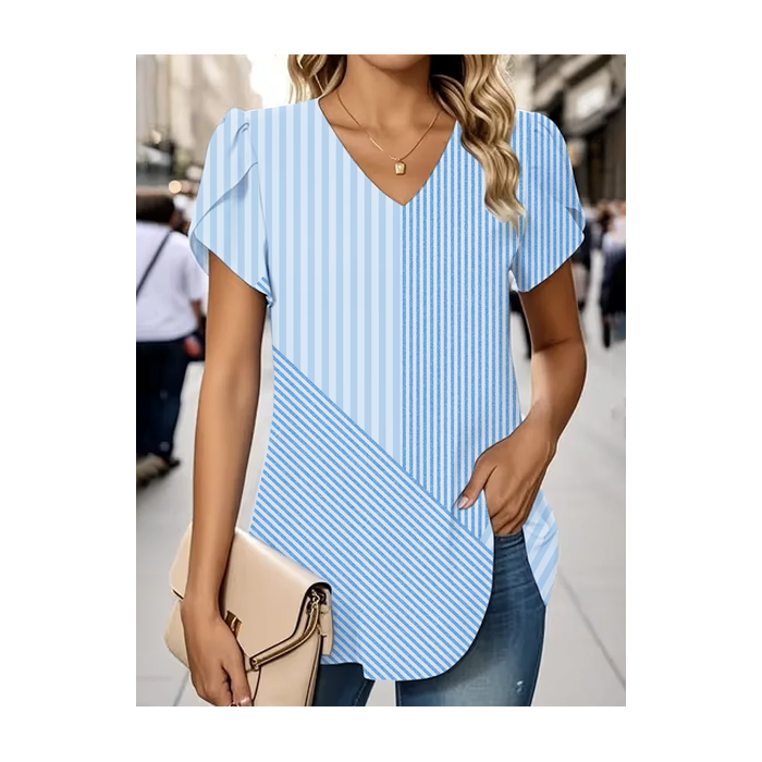Women Striped Short Sleeve Tee T-shirt V Neck Printing Casual Summer Graphic Tee Top