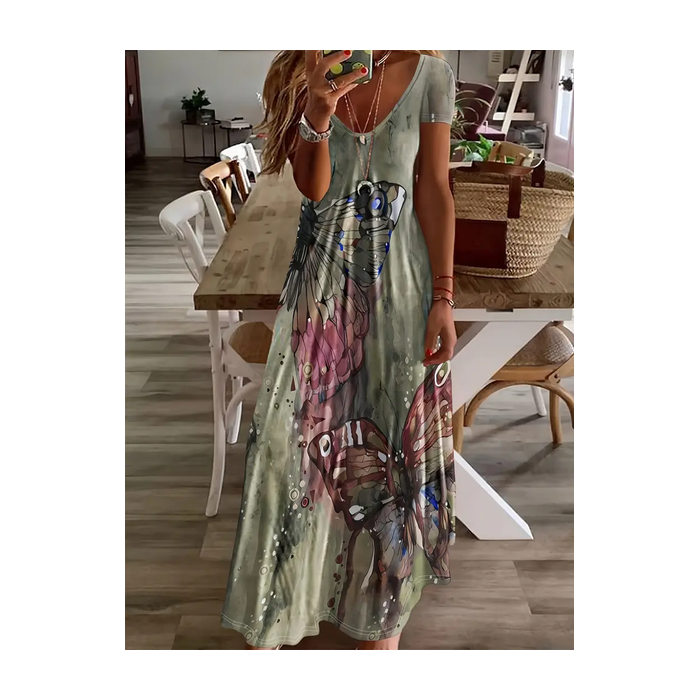 Women Butterfly Short Sleeve Summer Printing Dress V Neck Daily Casual Maxi X-Line Dress