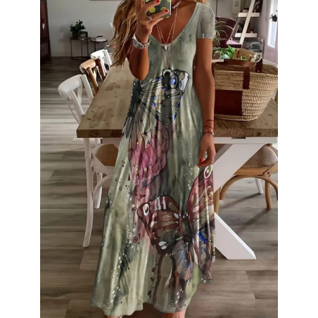Women Butterfly Short Sleeve Summer Printing Dress V Neck Daily Casual Maxi X-Line Dress