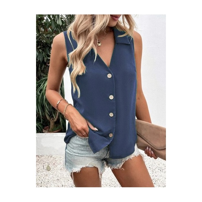 Women Sleeveless Tank Top Camisole Summer Plain Buckle Stand Collar Daily Casual Top