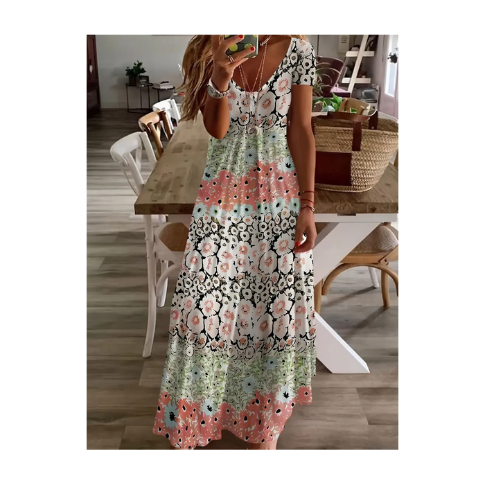Women Floral Short Sleeve Summer Printing Dress V Neck Daily Casual Maxi X-Line Dress