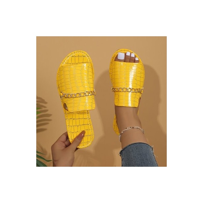 Summer Crocodile Pattern Large Size Outdoor Flat Slippers Women's Metal Chain Fashionable Beach Slippers