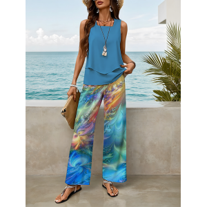 Women Abstract Printing Two-Piece Set Daily Sleeveless Casual Summer Top With Pants Matching Set