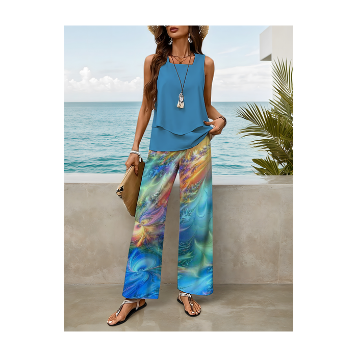Women Abstract Printing Two-Piece Set Daily Sleeveless Casual Summer Top With Pants Matching Set