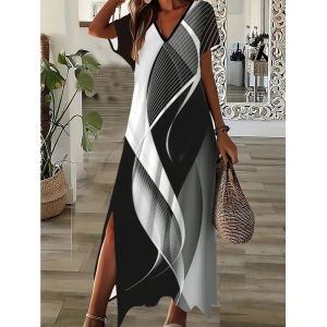 Women Abstract Short Sleeve Summer Printing Dress V Neck Daily Casual Maxi X-Line Dress