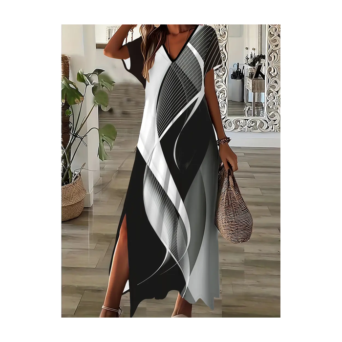 Women Abstract Short Sleeve Summer Printing Dress V Neck Daily Casual Maxi X-Line Dress