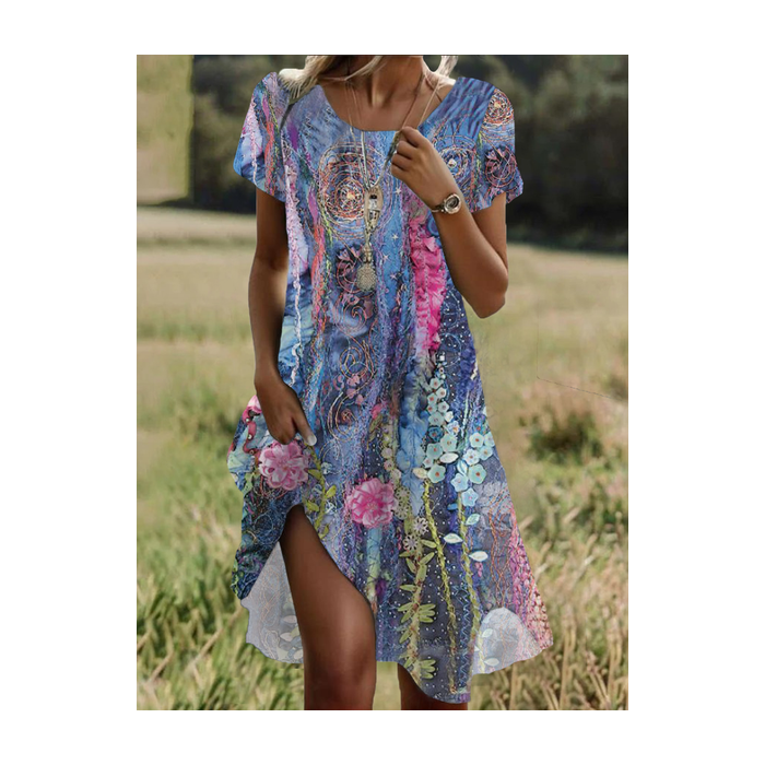 Women Floral Short Sleeve Summer Printing Dress Crew Neck Daily Casual Mini Tunic H-Line Dress