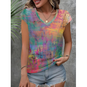 Women Abstract Short Sleeve Tee T-shirt V Neck Printing Casual Summer Graphic Tee Top