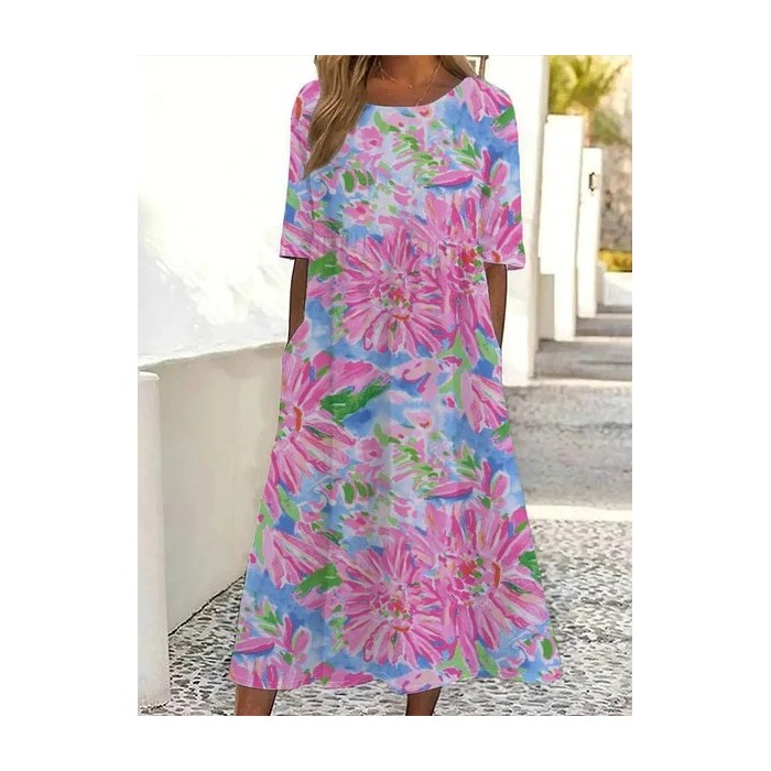 Women Floral Half Sleeve Summer Printing Dress Crew Neck Daily Casual Maxi A-Line Dress