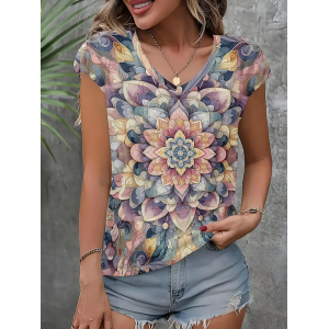 Women Floral Short Sleeve Tee T-shirt V Neck Printing Casual Summer Graphic Tee Top