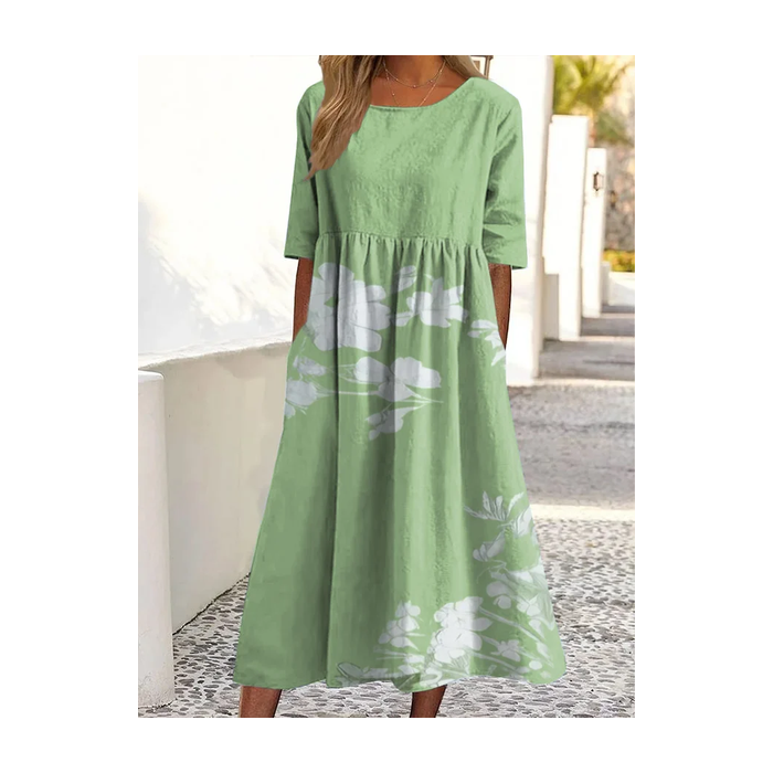 Women Floral Half Sleeve Summer Printing Dress Crew Neck Daily Casual Maxi A-Line Dress
