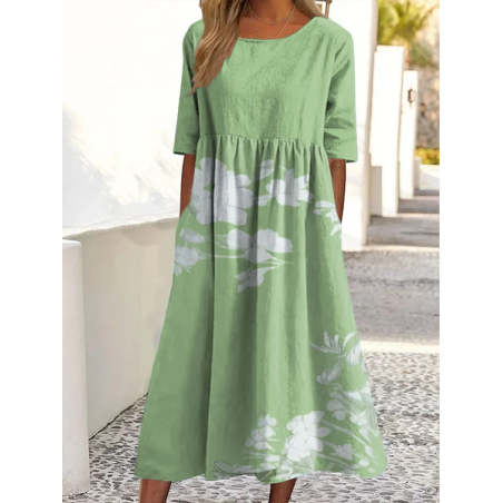 Women Floral Half Sleeve Summer Printing Dress Crew Neck Daily Casual Maxi A-Line Dress