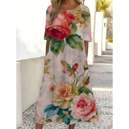 Women Floral Half Sleeve Summer Printing Dress Crew Neck Daily Casual Maxi A-Line Dress