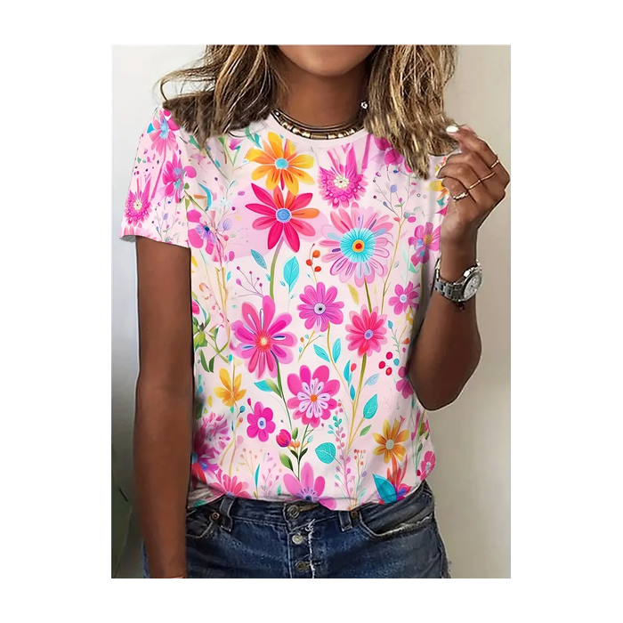 Women Floral Short Sleeve Tee T-shirt Crew Neck Printing Casual Summer Graphic Tee Top