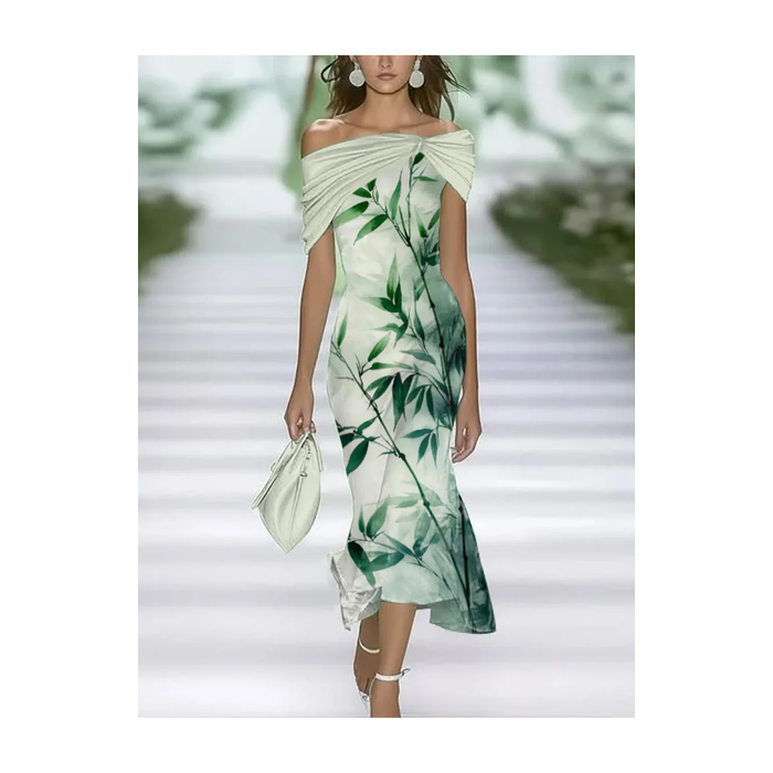 Women Floral Cap Sleeve Summer Printing Dress Cold Shoulder Daily Vintage Maxi H-Line Dress