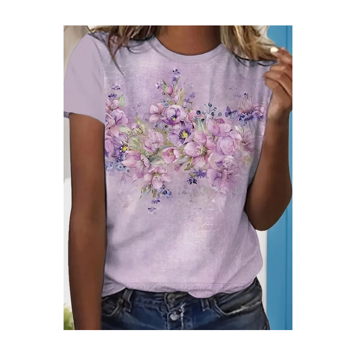 Women Floral Short Sleeve Tee T-shirt Crew Neck Printing Casual Summer Graphic Tee Top