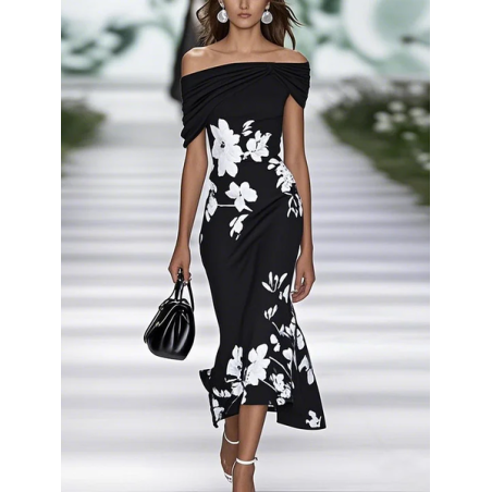 Women Floral Cap Sleeve Summer Printing Dress Cold Shoulder Daily Vintage Maxi H-Line Dress