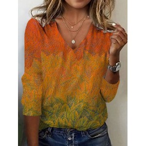 Women's Leaf Long Sleeve Tee T-shirt V Neck Casual Spring/Fall Floral Top