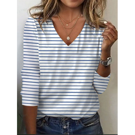 Women's Striped Long Sleeve Tee T-shirt V Neck Printing Casual Spring/Fall Graphic Tee Top