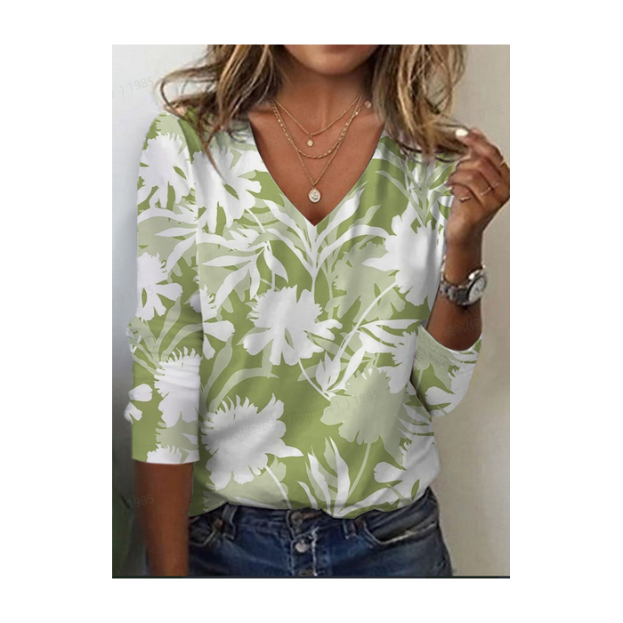 Women's Floral Long Sleeve Tee T-shirt V Neck Printing Casual Spring/Fall Graphic Tee Top