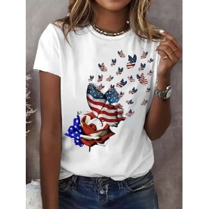 Women Independence Day (Flag) Short Sleeve Tee T-shirt Crew Neck Printing Casual Summer Graphic Tee Top