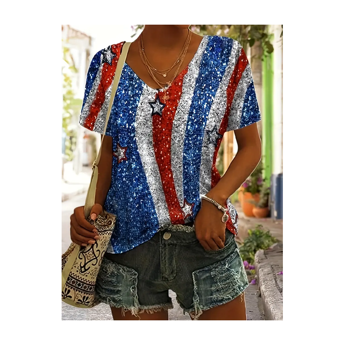 Women Independence Day (Flag) Short Sleeve Tee T-shirt V Neck Printing Casual Summer Graphic Tee Top