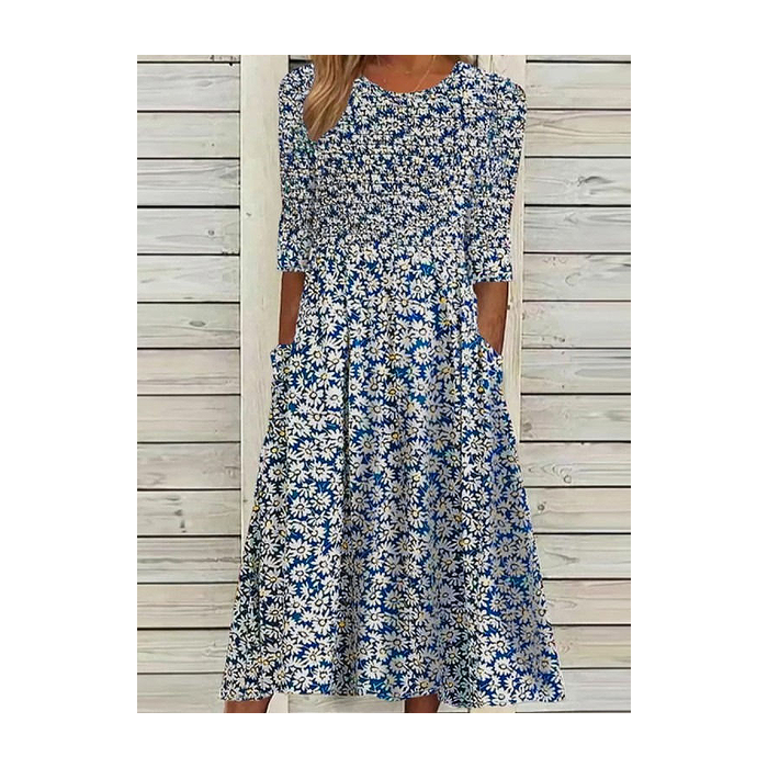 Women Floral Half Sleeve Summer Printing Dress Crew Neck Daily Casual Maxi A-Line Dress