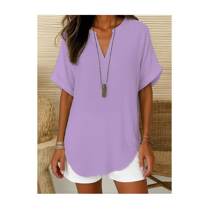 Women Plain Short Sleeve Shirt Summer Printing V Neck Daily Casual Top