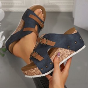 Pu Summer Western Style Color Block Slide Sandals