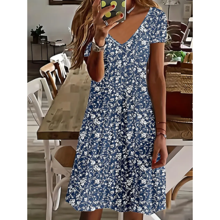 Women Floral Short Sleeve Summer Printing Dress V Neck Daily Casual Midi Fit & Flare Dress A-Line Dress