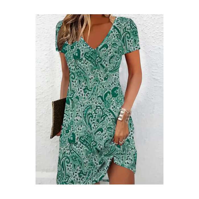 Women Paisley Short Sleeve Summer Printing Dress V Neck Daily Casual Midi Fit & Flare Dress A-Line Dress