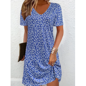 Women Floral Short Sleeve Summer Printing Dress V Neck Daily Casual Midi Fit & Flare Dress A-Line Dress