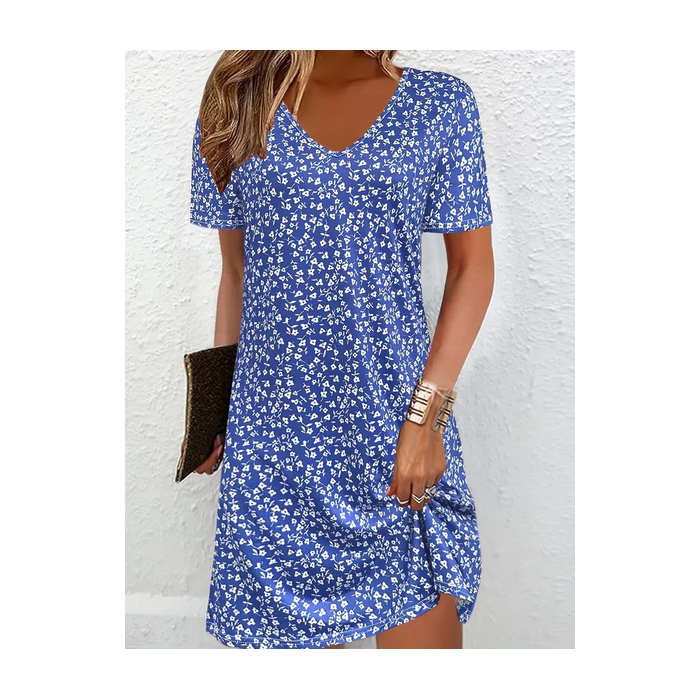 Women Floral Short Sleeve Summer Printing Dress V Neck Daily Casual Midi Fit & Flare Dress A-Line Dress