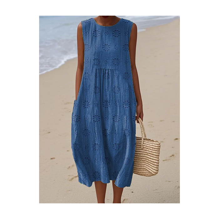 Women Floral Sleeveless Summer Printing Dress Crew Neck Daily Casual Maxi Tank H-Line Dress