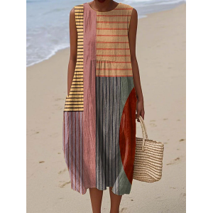 Women Striped Sleeveless Summer Printing Dress Crew Neck Daily Casual Maxi Tank H-Line Dress