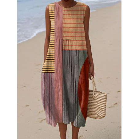 Women Striped Sleeveless Summer Printing Dress Crew Neck Daily Casual Maxi Tank H-Line Dress