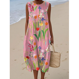 Women Floral Sleeveless Summer Printing Dress Crew Neck Daily Casual Maxi Tank H-Line Dress