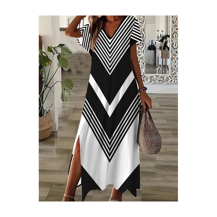 Women Geometric Short Sleeve Summer Printing Dress V Neck Daily Casual Maxi X-Line Dress
