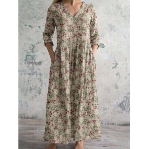 Women's Floral Long Sleeve Spring/Fall Dress V Neck Daily Casual Maxi T-Shirt Dress A-Line Dress