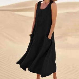 Women Plain Sleeveless Summer Split Joint Dress Crew Neck Daily Casual Maxi Fit & Flare Dress A-Line Dress