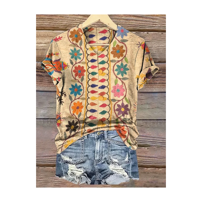 Women Floral Short Sleeve Tee T-shirt V Neck Printing Casual Summer Graphic Tee Top