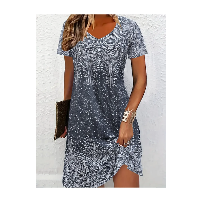 Women Floral Short Sleeve Summer Printing Dress Crew Neck Daily Casual Mini Tunic H-Line Dress