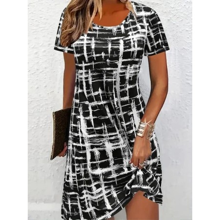 Women Abstract Plaid Short Sleeve Summer Printing Dress Crew Neck Daily Casual Mini Tunic H-Line Dress
