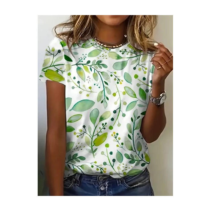 Women Floral Short Sleeve Tee T-shirt Crew Neck Printing Casual Summer Graphic Tee Top