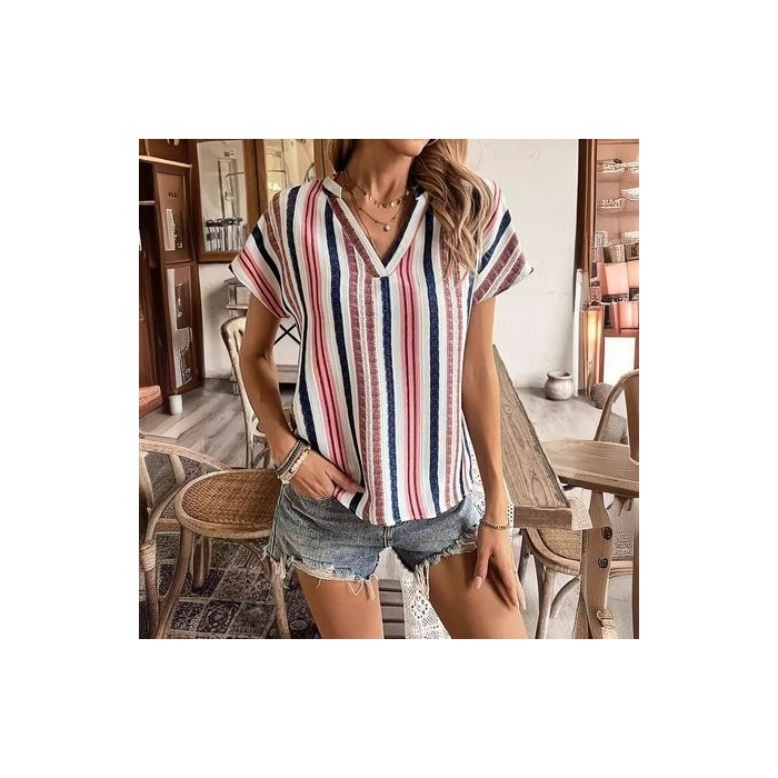 Women Striped Short Sleeve Tee T-shirt V Neck Printing Casual Summer Top