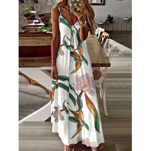 Women Floral Sleeveless Summer Printing Dress V Neck Daily Casual Maxi Slip Dress X-Line Dress