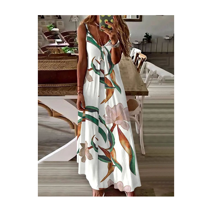 Women Floral Sleeveless Summer Printing Dress V Neck Daily Casual Maxi Slip Dress X-Line Dress