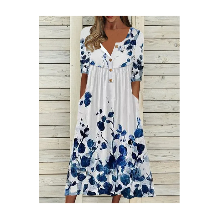 Women Floral Half Sleeve Summer Printing Dress Half Open Collar Daily Casual Maxi A-Line Dress